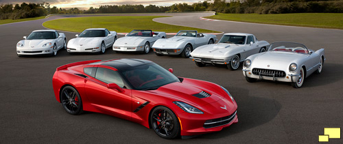 Chevrolet Corvettes honor the C7; from left to right: 2013, 2001, 1987, 1972, 1966 and 1954