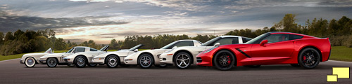 Chevrolet Corvettes honor the C7; from left to right: 1954, 1966, 1972, 1987, 2001 and 2013