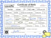 1,000,000th Corvette birth certificate
