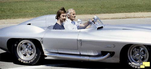 Chuck and Mark Jordan test drive the 1959 Sting Ray Racer at Michigan International Speedway 
