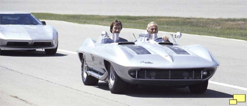 Chuck and Mark Jordan test drive the 1959 Sting Ray Racer at Michigan International Speedway