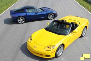 2005 Corvette C6 convertible (in Millenium Yellow) and coupe (in Le Mans Blue)