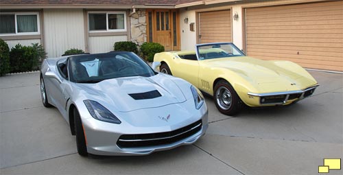 2016 Corvette C7 in Blade Silver Metallic with 1968 Corvette C3 in Safari Yellow