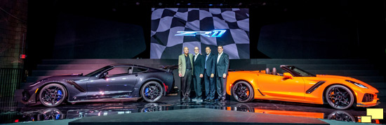 2019 Chevrolet Corvette ZR1 Convertible Press Reveal Los Angeles November 28,2017. (l to r), Corvette Executive Chief Engineer Tadge Juechter, Corvette Design Director Tom Peters, Corvette Design Manager Kirk Bennion and General Motors Executive Vice President Global Product Development Mark Reuss