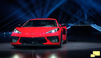 General Motors President Mark Reuss drives the 2020 Chevrolet Corvette Stingray onto the stage during its unveiling Thursday, July 18, 2019 in Tustin, California.