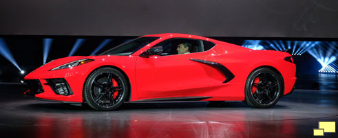 General Motors President Mark Reuss drives the 2020 Chevrolet Corvette Stingray onto the stage during its unveiling Thursday, July 18, 2019 in Tustin, California.