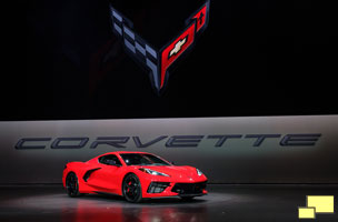 General Motors President Mark Reuss drives the 2020 Chevrolet Corvette Stingray onto the stage during its unveiling Thursday, July 18, 2019 in Tustin, California.