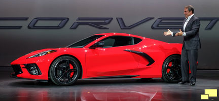 General Motors President Mark Reuss drives the 2020 Chevrolet Corvette Stingray onto the stage during its unveiling Thursday, July 18, 2019 in Tustin, California.