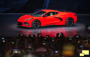 General Motors President Mark Reuss drives the 2020 Chevrolet Corvette Stingray onto the stage during its unveiling Thursday, July 18, 2019 in Tustin, California.