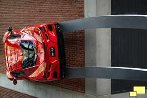 A next generation 2020 Corvette Stingray takes its place mounted on a wall above the Chevrolet portal Tuesday, September 10, 2019 at Little Caesar's Arena in Detroit, Michigan. Chevrolet is the official vehicle of Little Caesar's Arena - home of the Detroit Red Wings and Detroit Pistons.