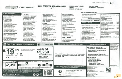 2022 Corvette C8 monroney sticker