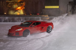 2024 Corvette E-Ray performing maneuvers on The Rink at Rockefeller Center in New York City