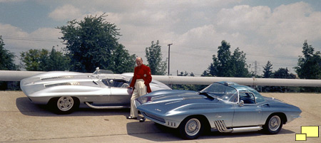 Bill Mitchell with 1959 Corvette Stingray and 1961 Corvette Mako Shark.