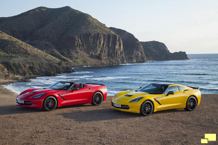 Corvette C7 Convertible in Torch Red; Coupe in Velocity Yellow