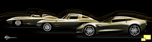 Three Sting Rays: 1959 Sting Ray Racer, 1963 Corvette Sting Ray Coupe and 2014 Corvette Stingray
